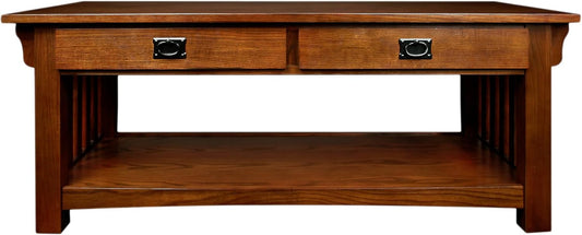 Leick Home Mission Coffee Table, Solid Wood Construction, Two Drawers, One Shelf, Slatted Sides, Medium Oak, 48.0 in. W x 24.0 in. D x 19.0 in. H, 8204