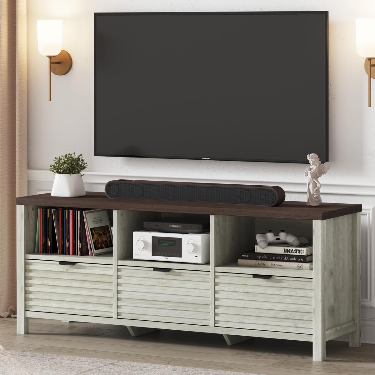 BON AUGURE Fluted TV Stand for 65/55/50 Inch TVs, Brown Modern Entertainment Center with Storage Drawers and Shelves, Wood Television Media Console Cabinet for Living Room,Bedroom (Rustic Oak)
