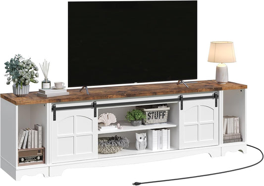Modern Farmhouse 3 in 1 TV Stand for up to 85" TVs, 78'' Entertainment Center with Charging Station and Open Storage, 4 AC Outlets，for Living Room, Bedroom, White and Rustic Brown TVBR20E01