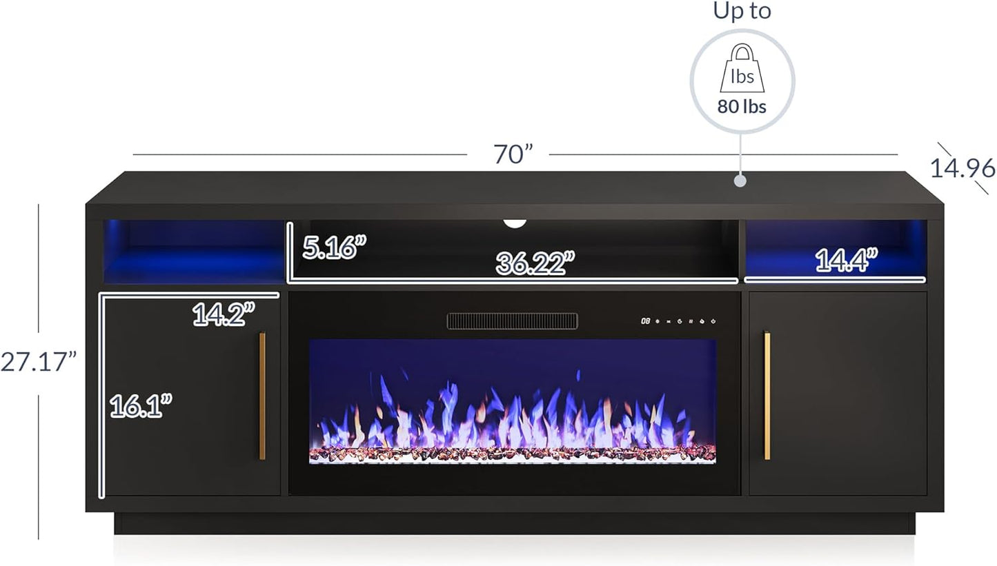 BELLEZE 70" Fireplace TV Stand for TVs Up to 80", LED Light Entertainment Center with 36" Electric Fireplace Heater, Storage Cabinet, Media Console Table for Living Room - Avenue (Black)