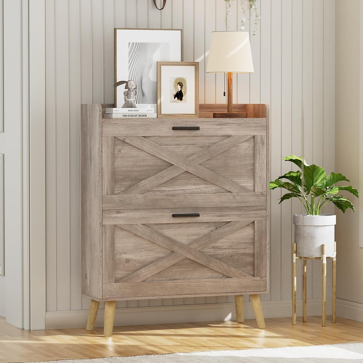 32" W Farmhouse Shoe Storage Cabinet with 2 Flip Drawers and Barn Door Design, Adjustable Shelves, Modern Hidden Slim Narrow Shoe Rack Cabinet for Entryway, Foyer, Hallway, Living Room, Black