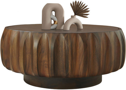 31.5" Round Coffee Table Drum Table Contemporary Wood Fluted Centry Table with Solid Wood Veneer for Living Room (Walnut)