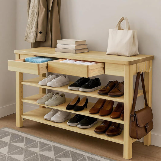 Wood Shoe Bench Entryway with Drawer: 3-Tiers Wooden Storage Shoe Rack with Bench Seat, Compact Mid-Century Modern Design for Entryway, Hallway, Closet,Front Door Entrance,Foyer Natural 43.3"