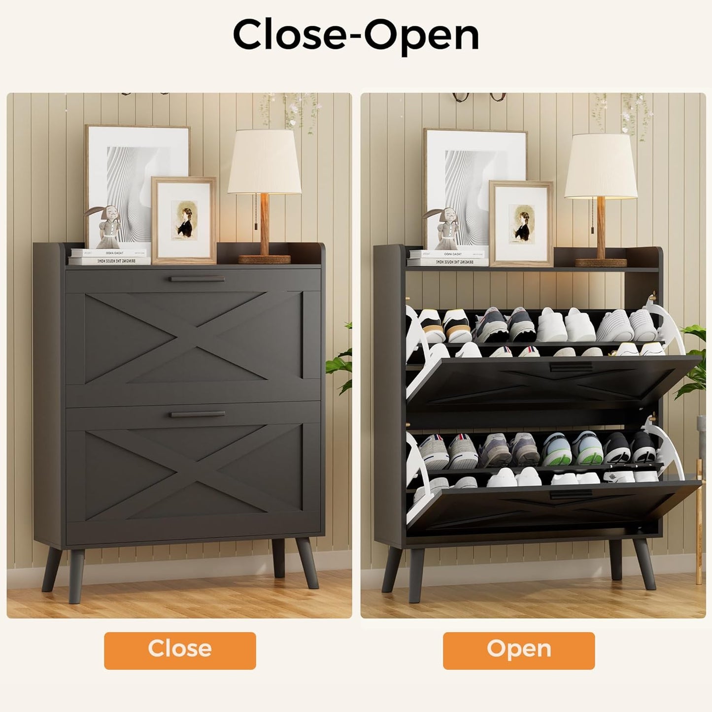 32" W Farmhouse Shoe Storage Cabinet with 2 Flip Drawers and Barn Door Design, Adjustable Shelves, Modern Hidden Slim Narrow Shoe Rack Cabinet for Entryway, Foyer, Hallway, Living Room, Black