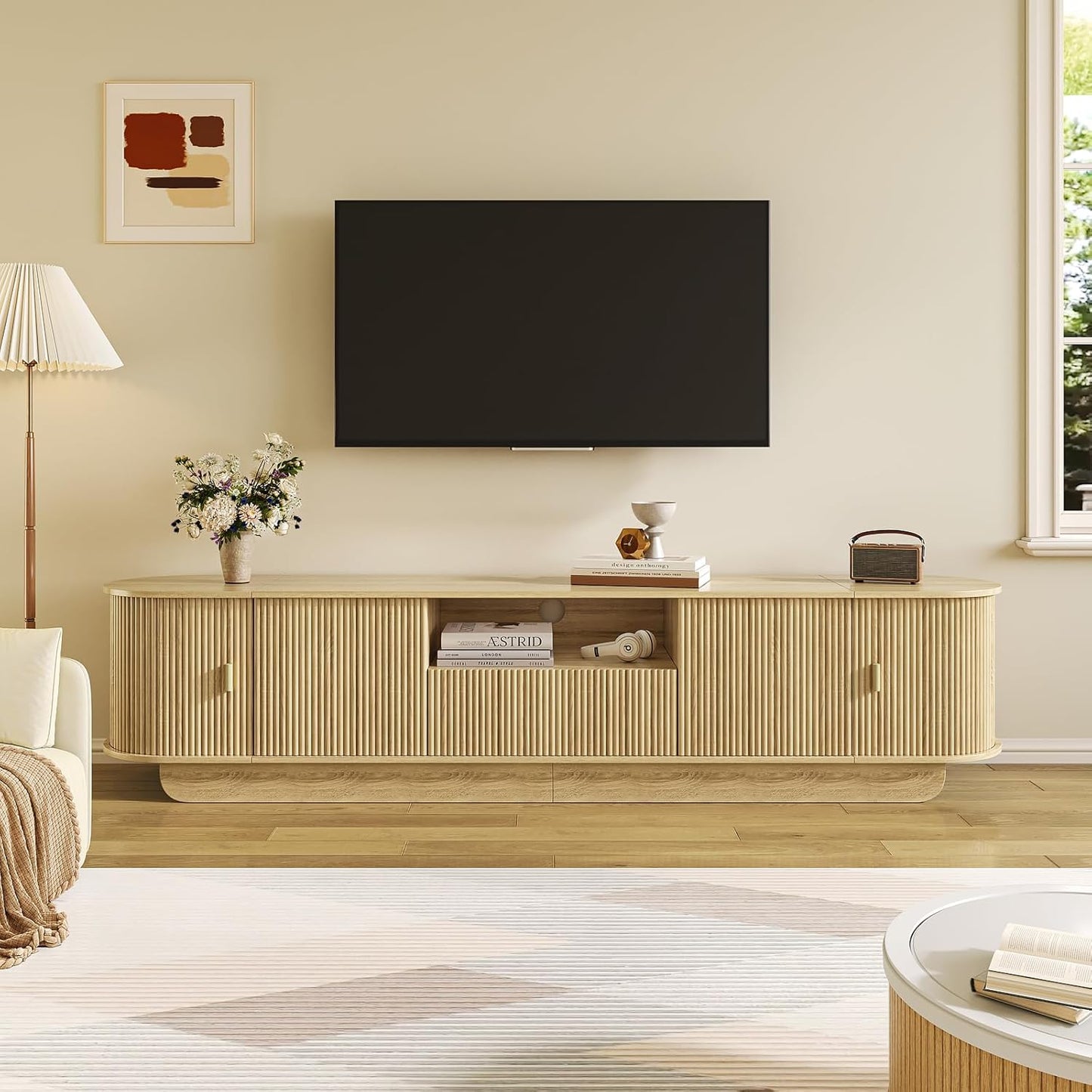 86.61'' Tambour TV Stand for 55-85 Inch, Modern Entertainment Center with Large Storage Cabinet & Open Shelves, TV Console with Sliding Doors for Living Room, Bedroom, Natural