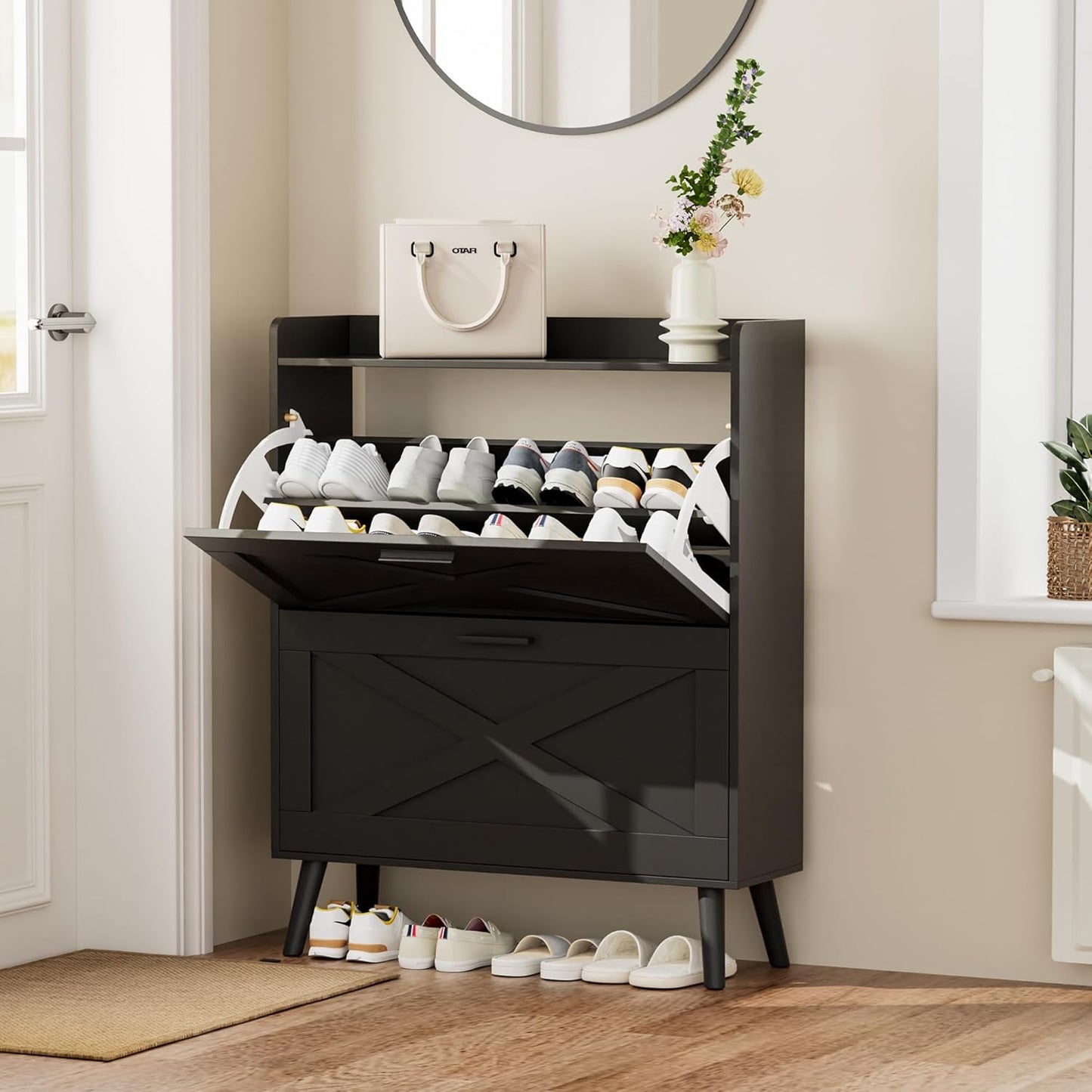 32" W Farmhouse Shoe Storage Cabinet with 2 Flip Drawers and Barn Door Design, Adjustable Shelves, Modern Hidden Slim Narrow Shoe Rack Cabinet for Entryway, Foyer, Hallway, Living Room, Black