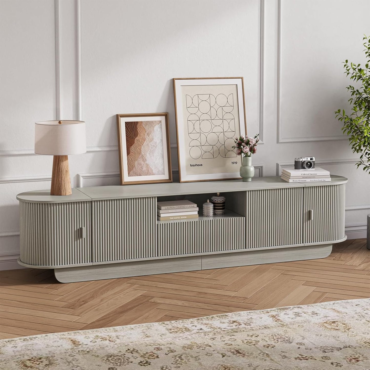 86.61'' Tambour TV Stand for 55-85 Inch, Modern Entertainment Center with Large Storage Cabinet & Open Shelves, TV Console with Sliding Doors for Living Room, Bedroom, Natural