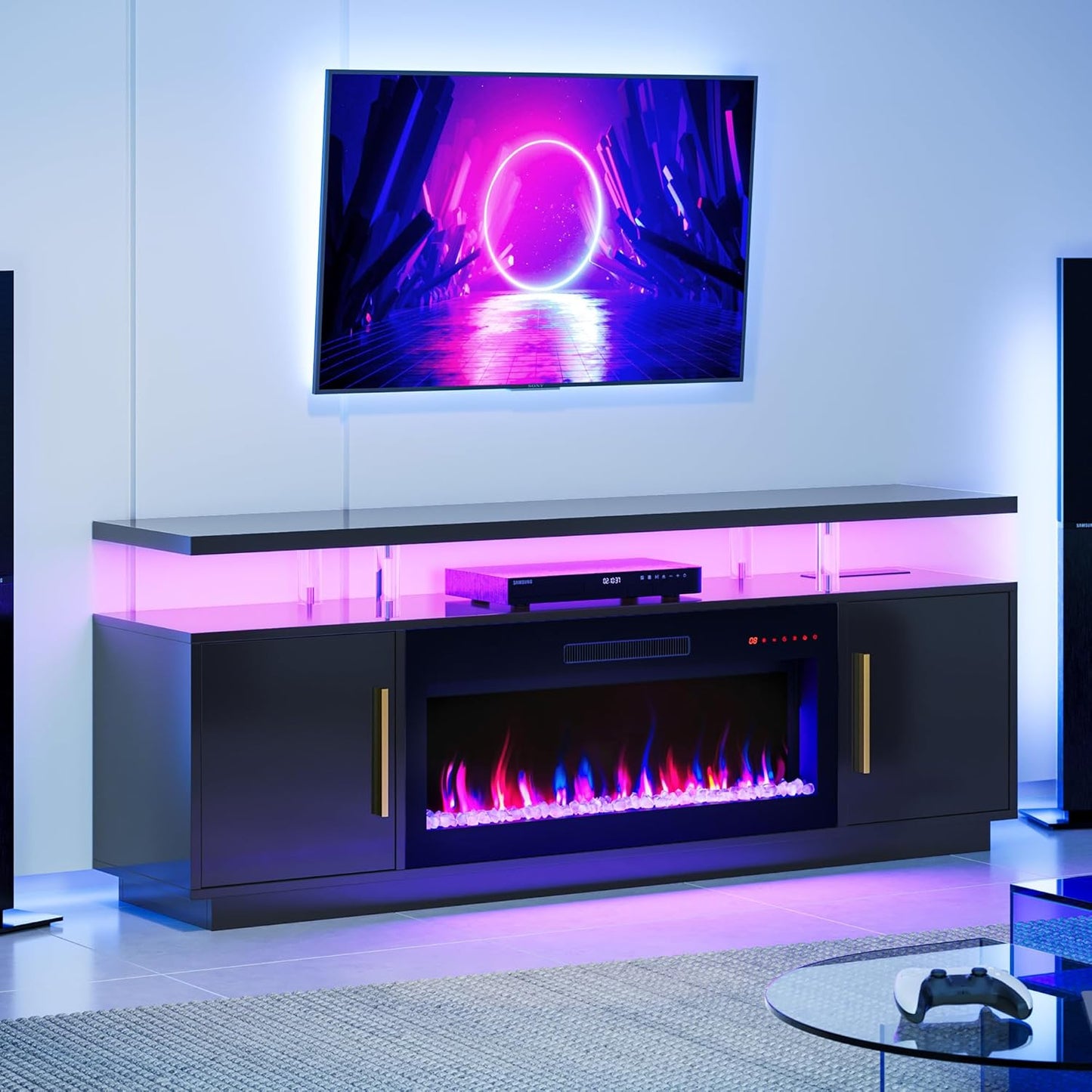 BELLEZE 70" Fireplace TV Stand for TVs Up to 80", LED Light Entertainment Center with 36" Electric Fireplace Heater, Storage Cabinet, Media Console Table for Living Room - Avenue (Black)