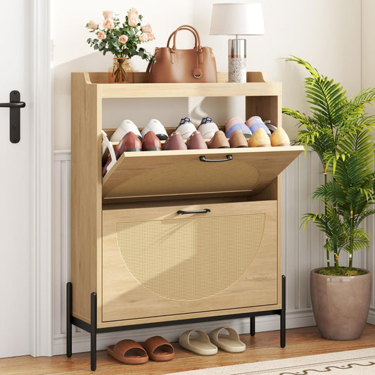 Gadroad Rattan Shoe Storage Cabinet with 2 Flip Drawers, Freestanding Shoe Organizer with Metal Legs for Entryway, Semi Circle Shoe Rack Cabinet (Natural)