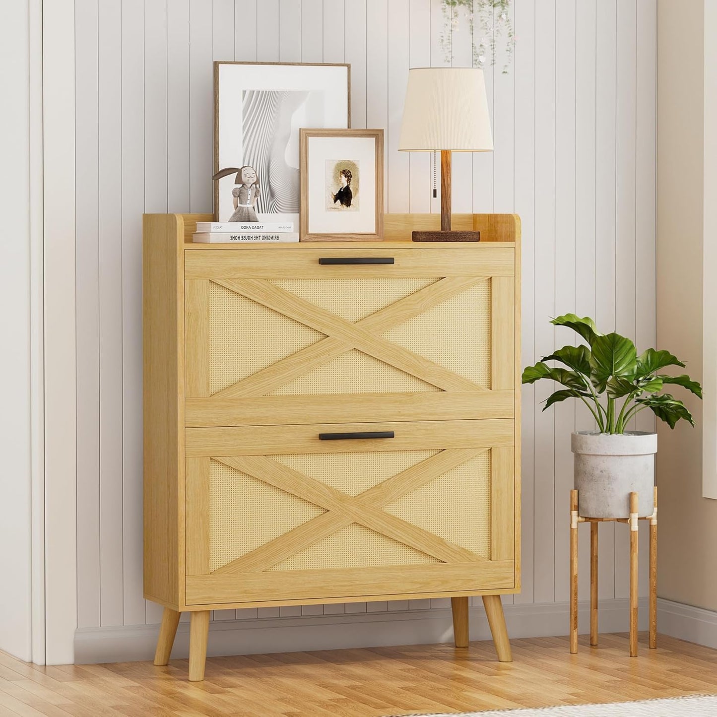32" W Farmhouse Shoe Storage Cabinet with 2 Flip Drawers and Barn Door Design, Adjustable Shelves, Modern Hidden Slim Narrow Shoe Rack Cabinet for Entryway, Foyer, Hallway, Living Room, Black