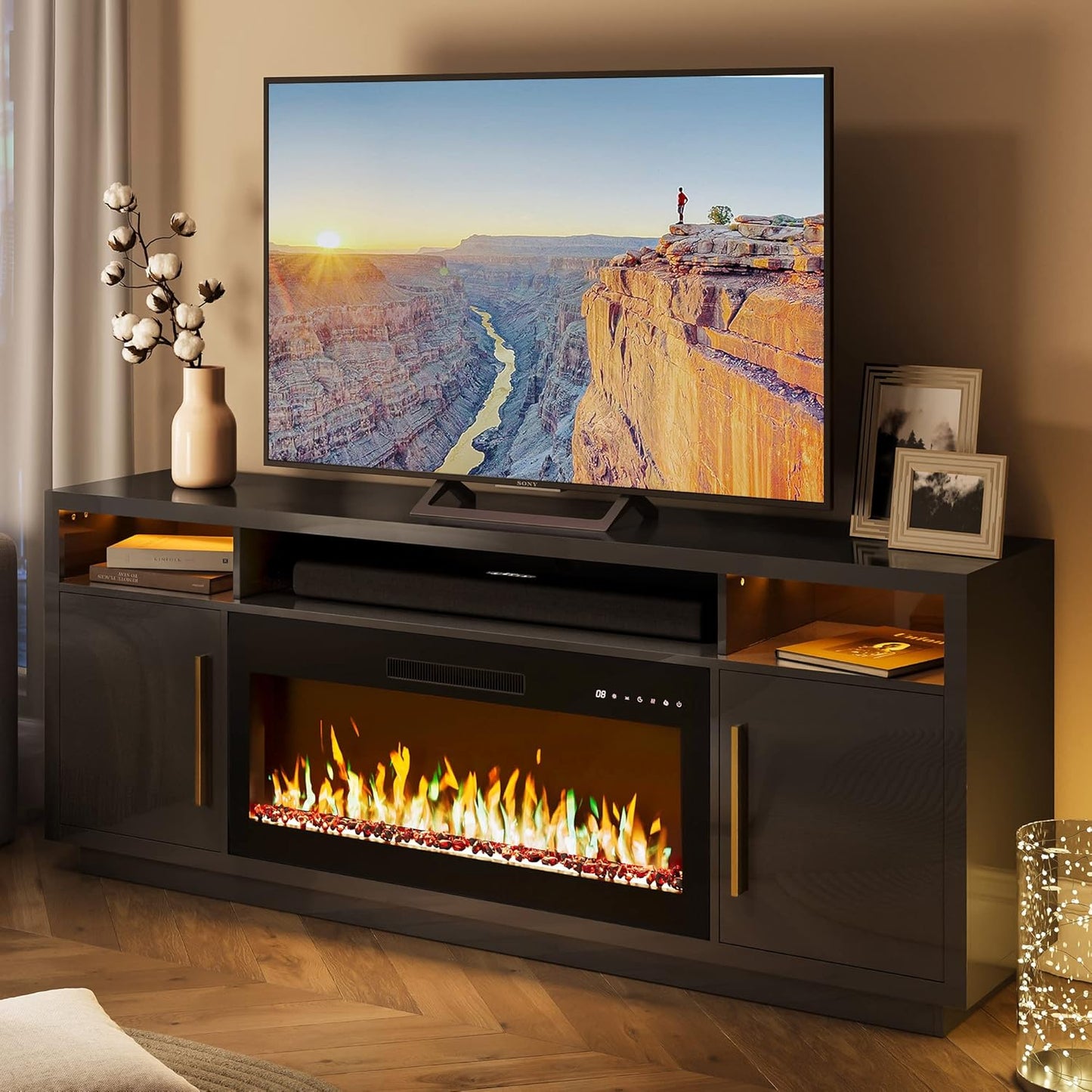 BELLEZE 70" Fireplace TV Stand for TVs Up to 80", LED Light Entertainment Center with 36" Electric Fireplace Heater, Storage Cabinet, Media Console Table for Living Room - Avenue (Black)