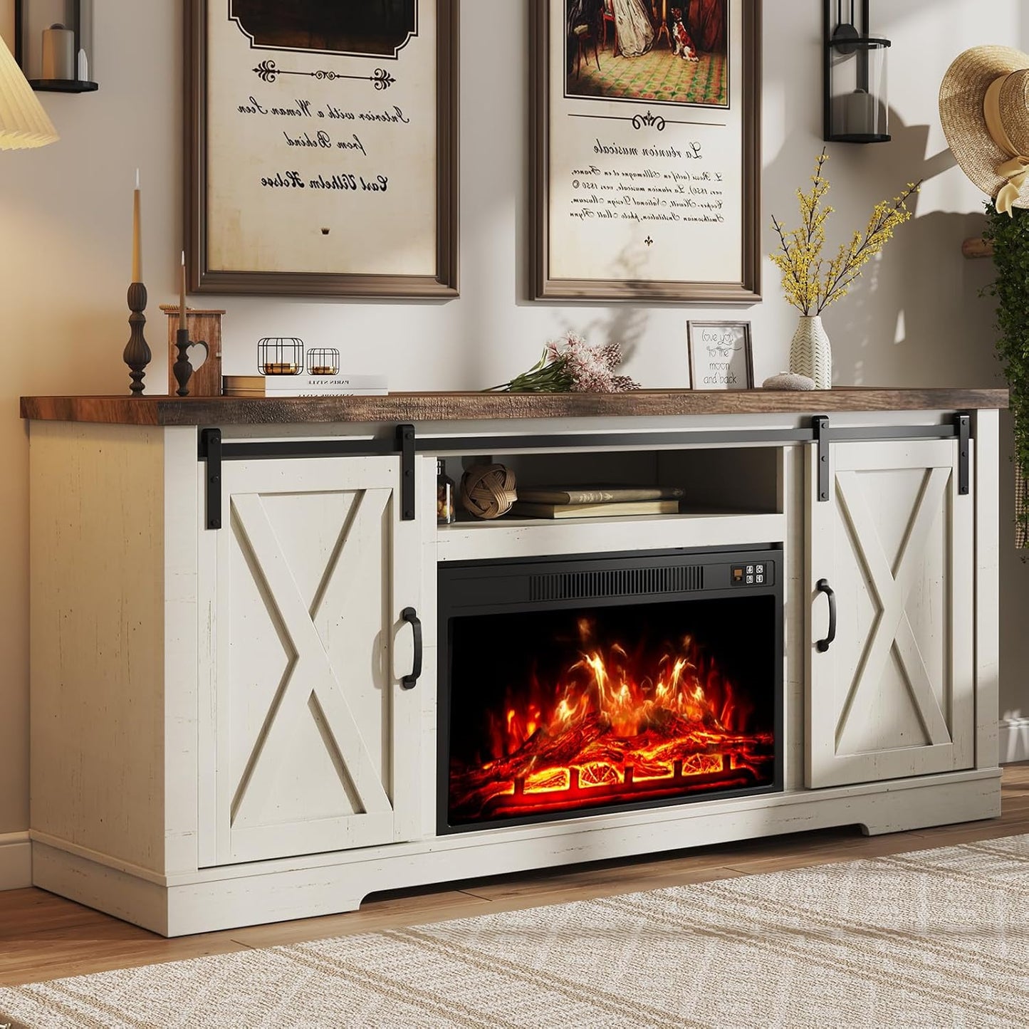 AMERLIFE Fireplace TV Stand with Sliding Barn Door for TVs up to 73", Farmhouse 63" Fireplace Entertainment Center with Storage Cabinets/Adjustable Shelves, Distressed White & Barnwood