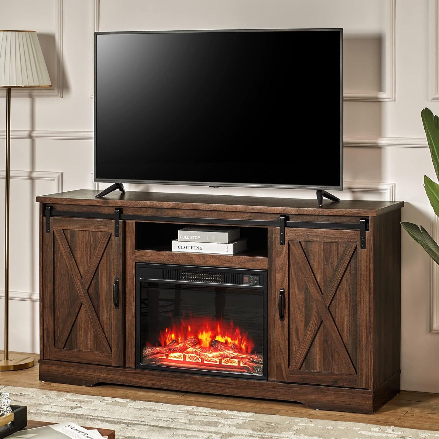 AMERLIFE Fireplace TV Stand with Sliding Barn Door for TVs up to 73", Farmhouse 63" Fireplace Entertainment Center with Storage Cabinets/Adjustable Shelves, Distressed White & Barnwood