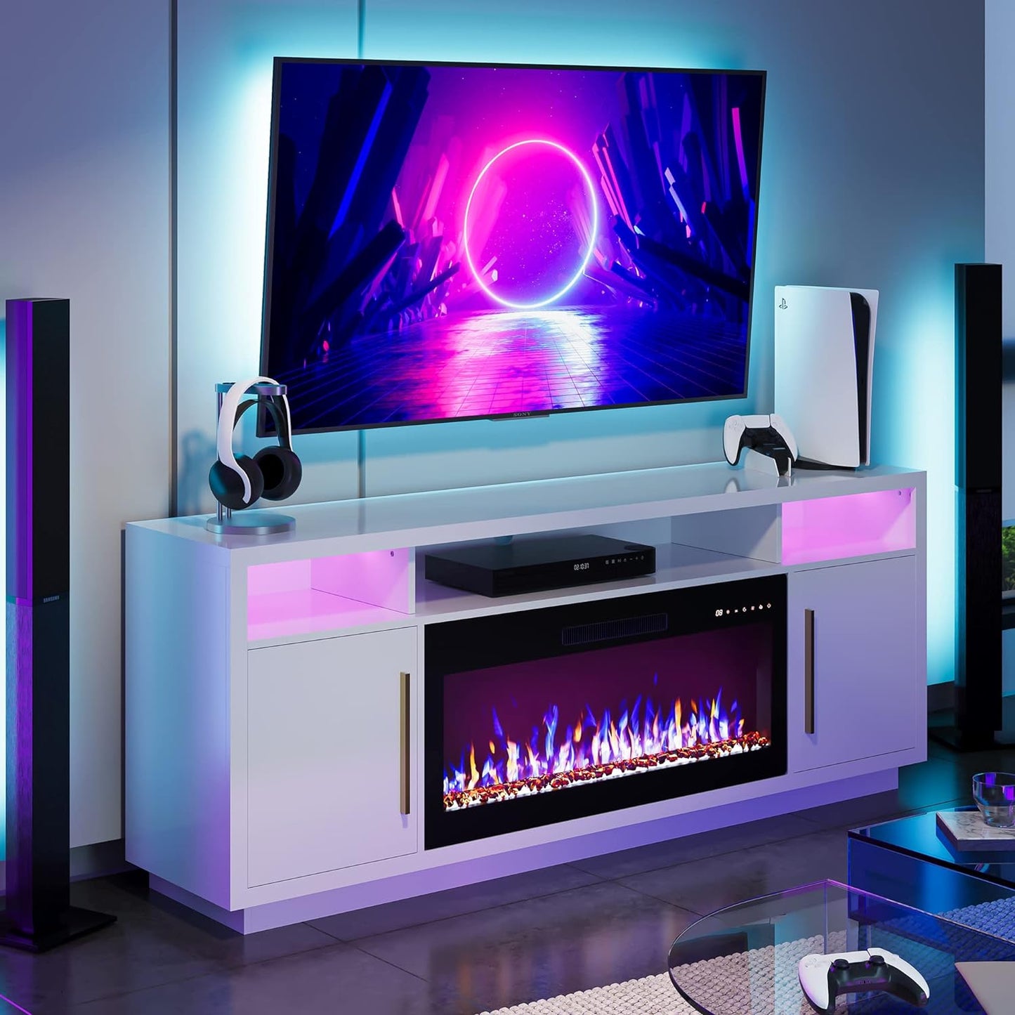 BELLEZE 70" Fireplace TV Stand for TVs Up to 80", LED Light Entertainment Center with 36" Electric Fireplace Heater, Storage Cabinet, Media Console Table for Living Room - Avenue (Black)