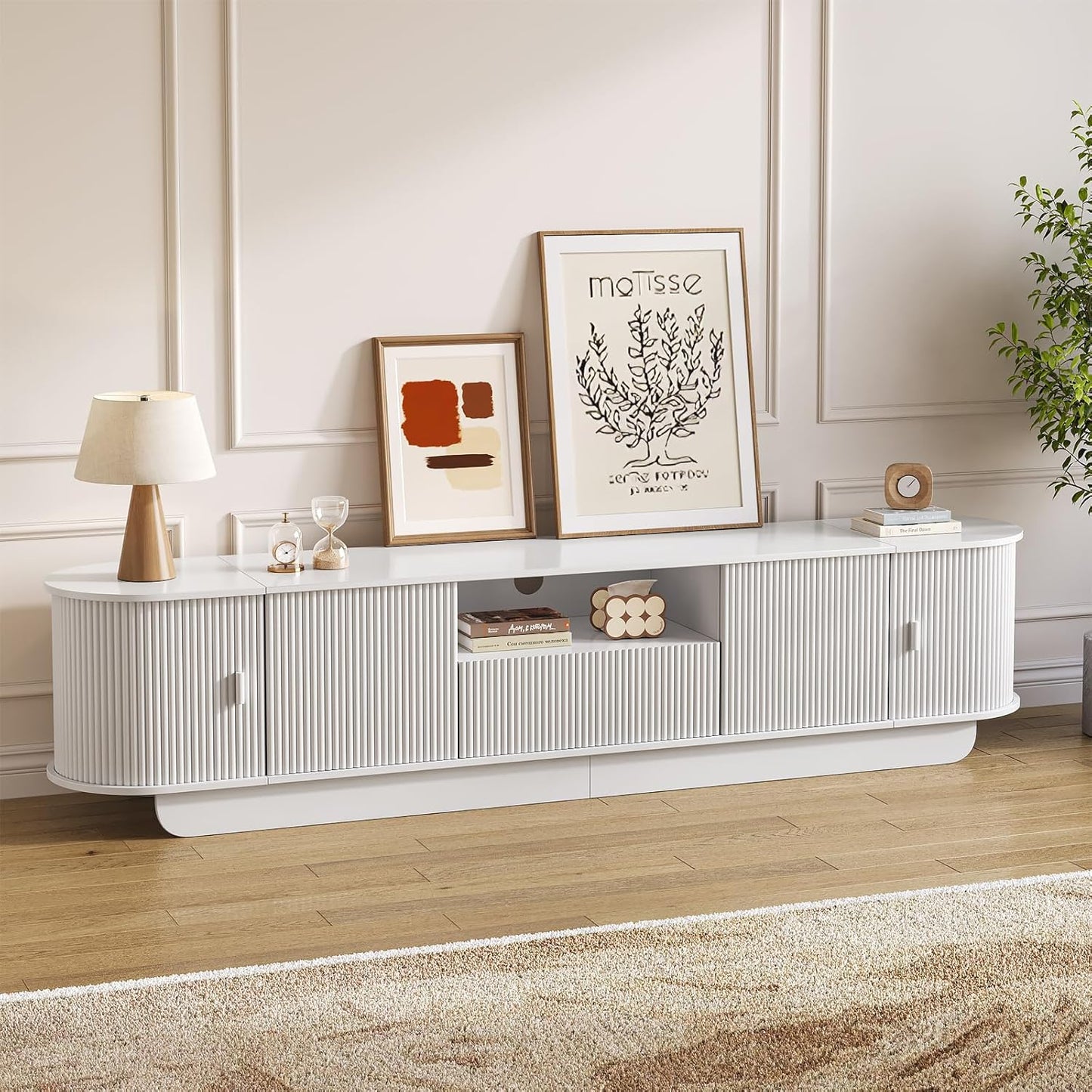 86.61'' Tambour TV Stand for 55-85 Inch, Modern Entertainment Center with Large Storage Cabinet & Open Shelves, TV Console with Sliding Doors for Living Room, Bedroom, Natural