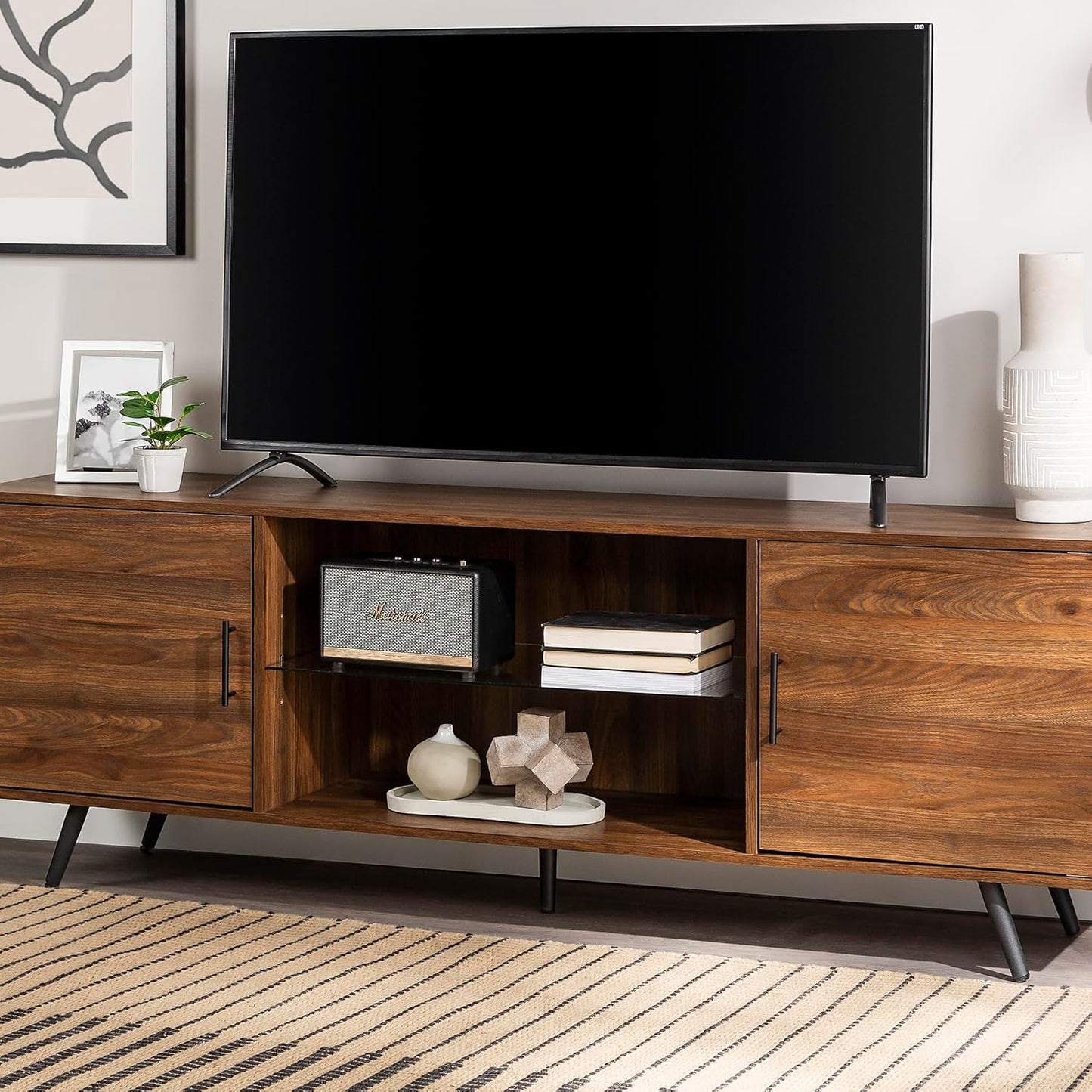 Walker Edison Saxon Mid Century Modern 2 Door Glass Shelf TV Stand for TVs up to 80 Inches, 70 Inch, Dark Walnut
