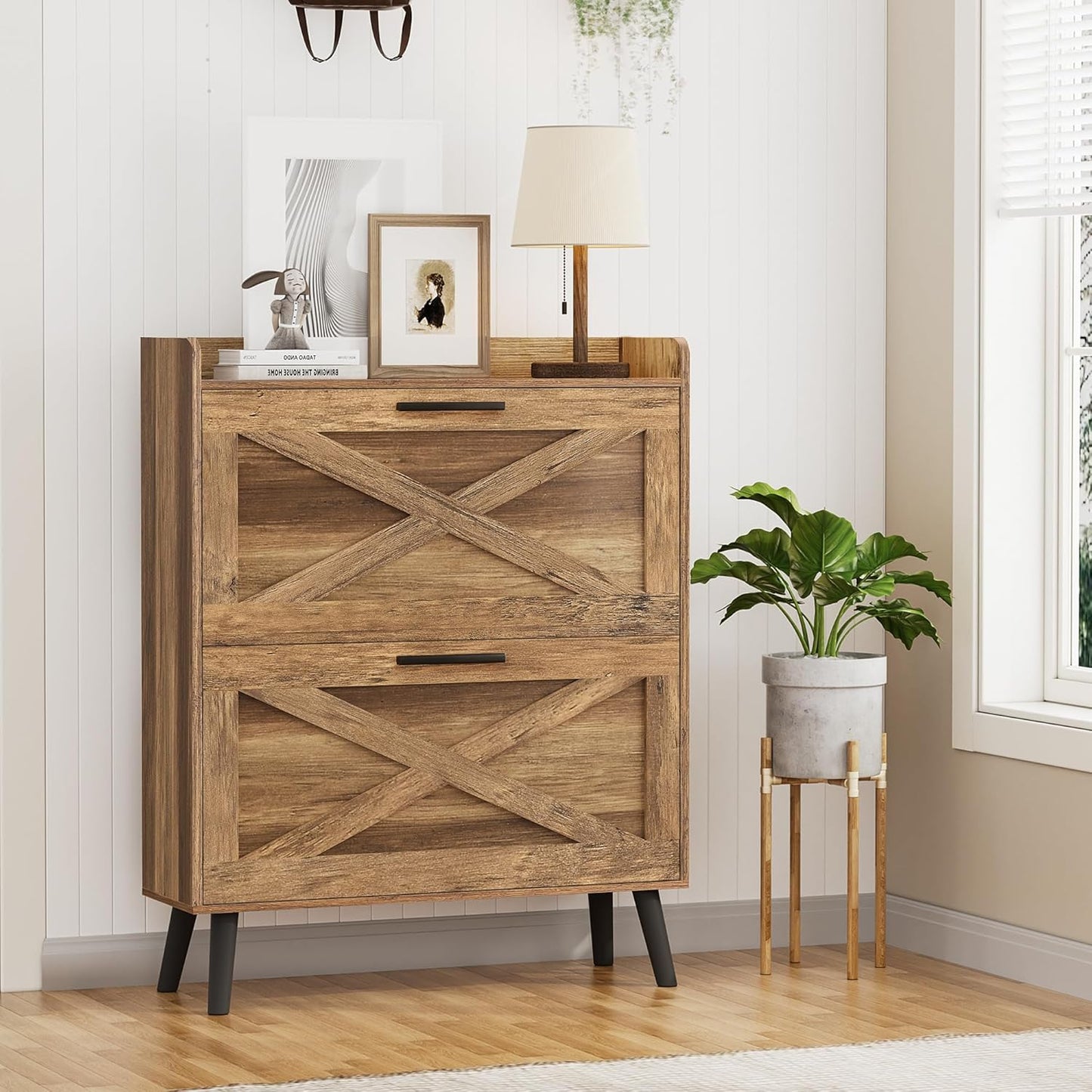 32" W Farmhouse Shoe Storage Cabinet with 2 Flip Drawers and Barn Door Design, Adjustable Shelves, Modern Hidden Slim Narrow Shoe Rack Cabinet for Entryway, Foyer, Hallway, Living Room, Black