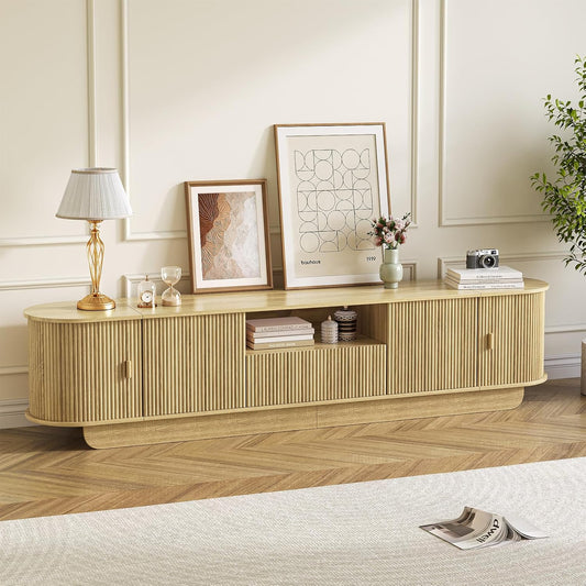 86.61'' Tambour TV Stand for 55-85 Inch, Modern Entertainment Center with Large Storage Cabinet & Open Shelves, TV Console with Sliding Doors for Living Room, Bedroom, Natural