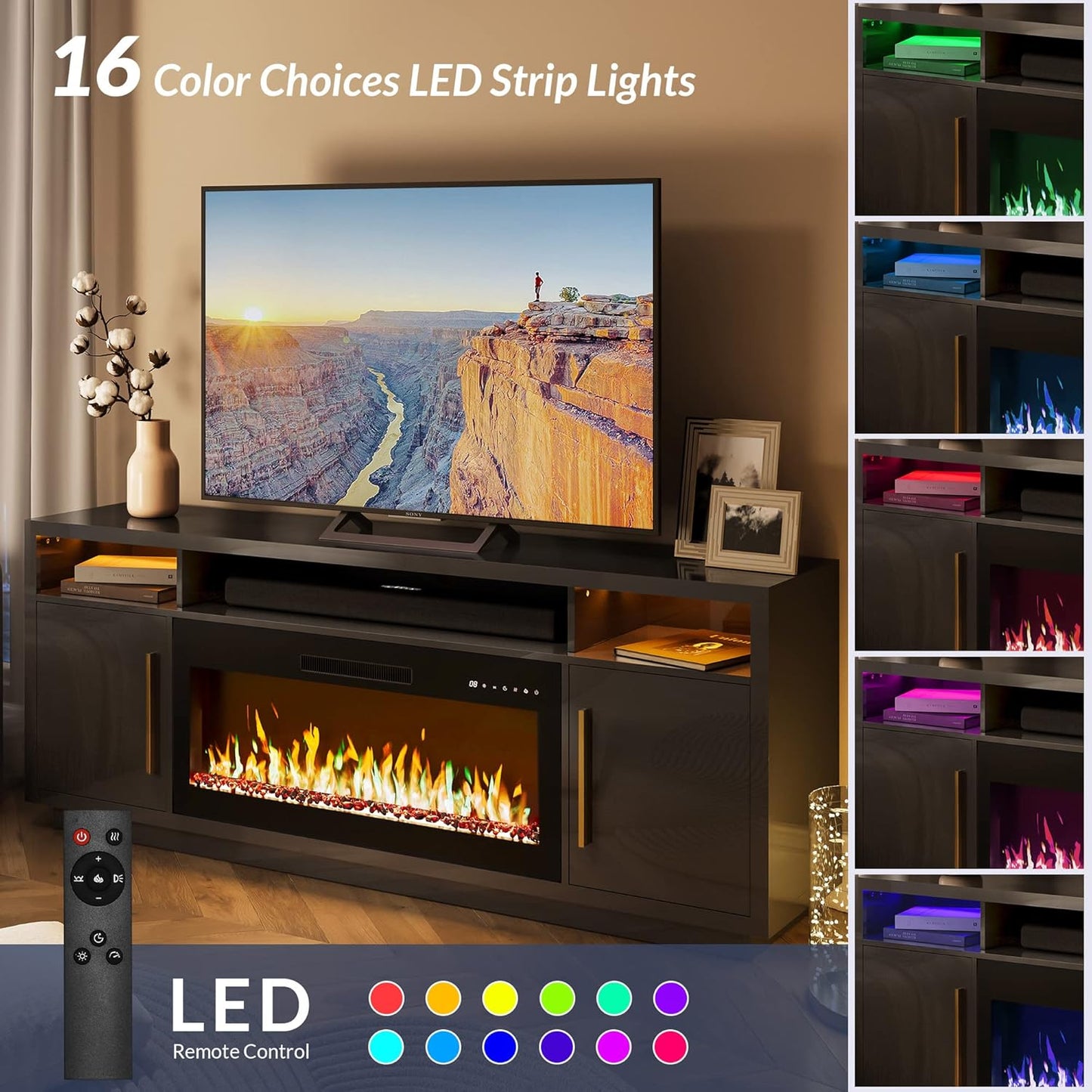 BELLEZE 70" Fireplace TV Stand for TVs Up to 80", LED Light Entertainment Center with 36" Electric Fireplace Heater, Storage Cabinet, Media Console Table for Living Room - Avenue (Black)