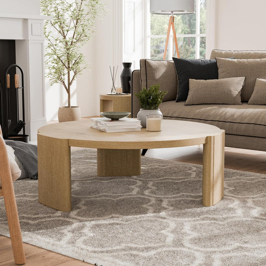 Furniture of America Carys Modern Solid Wood 42-inch Round Coffee Table with Plinth Base, Living Room Furniture for Small Space, Home Office, Oak