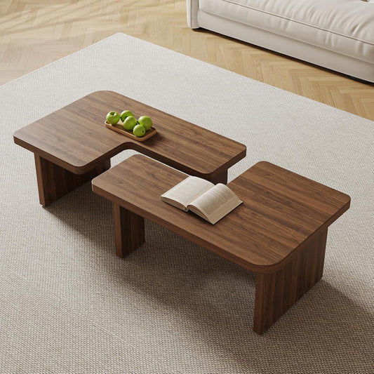 Mid Century Modern Coffee Table for Living Room, Wood Coffee Table with Free Adjustable Shape, Square Living Room Table Minimalist Tea Table, Brown