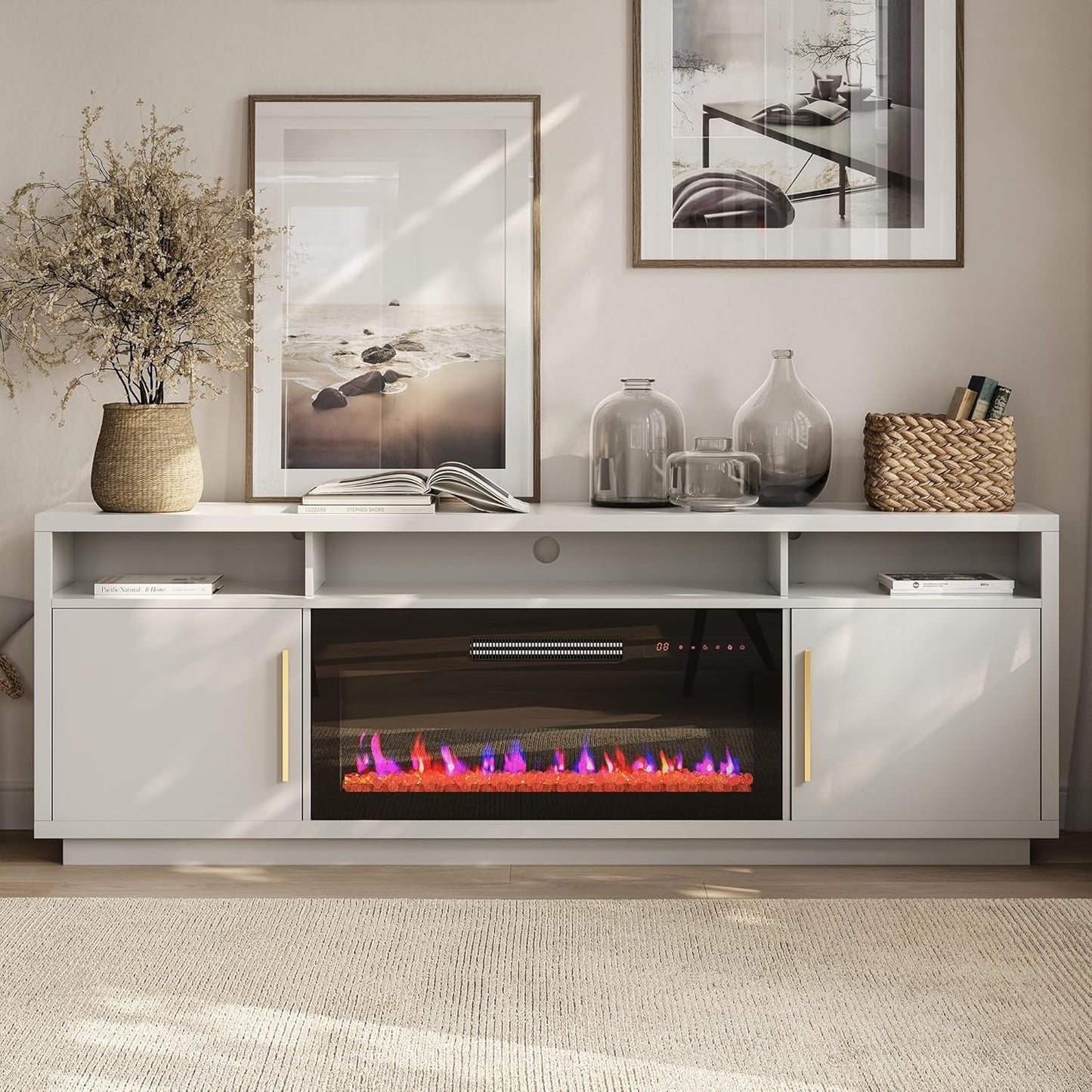 BELLEZE 70" Fireplace TV Stand for TVs Up to 80", LED Light Entertainment Center with 36" Electric Fireplace Heater, Storage Cabinet, Media Console Table for Living Room - Avenue (Black)