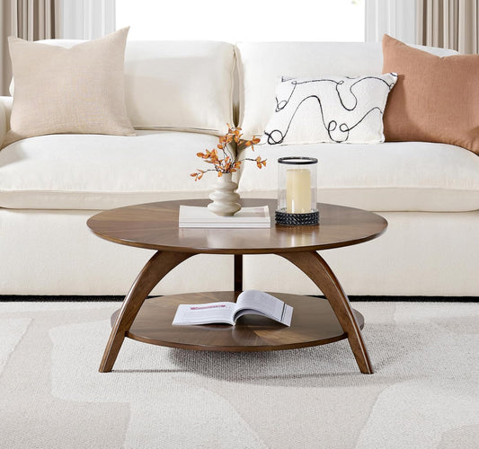 Martin Svensson Home Round Wood Walnut Brown Living Room Coffee Table with Storage Shelf